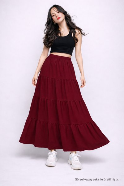 COMBİNE MİCHAİL Women's High Waist Summer Layered Burgundy Long Skirt