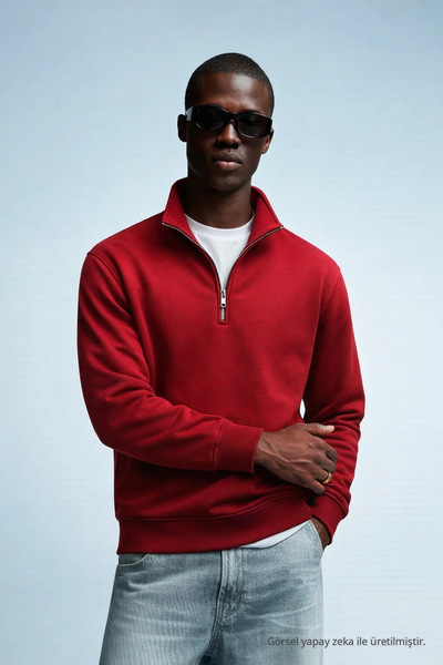 COMBİNE MİCHAİL Men's Winter Knitted Collar Red Sweatshirt