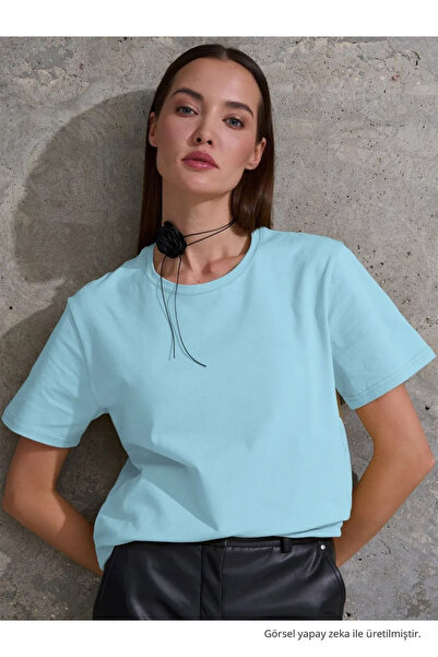 COMBİNE MİCHAİL Women's Blue 100% Cotton Crew Neck Basic T-Shirt