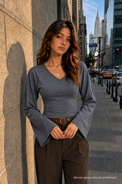COMBİNE MİCHAİL Kadın Örme Pamuklu Slim Kesim Füme Bluz