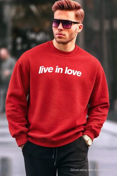 COMBİNE MİCHAİL Written Design Cotton Casual Men's Red Sweatshirt