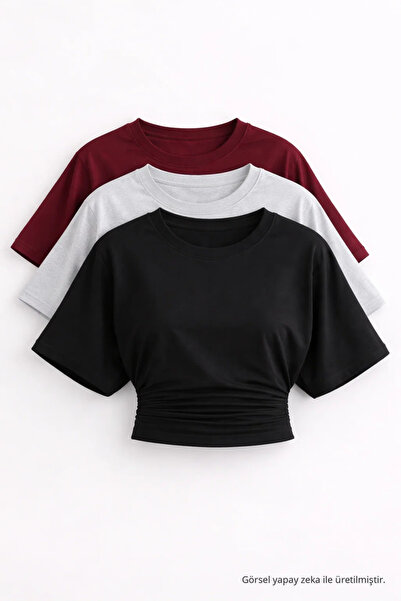 COMBİNE MİCHAİL Kadın Yarasa Kollu Basic Dar 3 Lü Crop Bluz