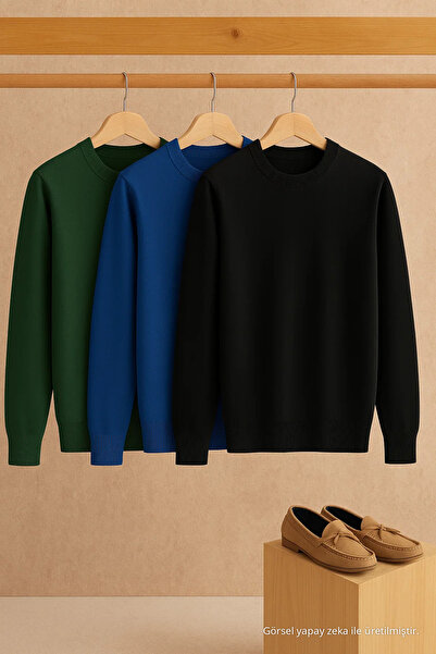 COMBİNE MİCHAİL Men's Crew Neck Basic 3-Piece Knit Sweater