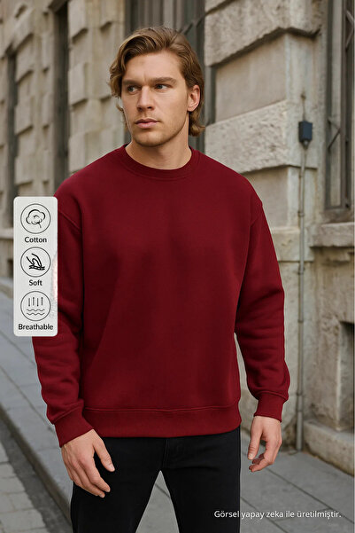 COMBİNE MİCHAİL Men's Crew Neck Casual Burgundy Sweatshirt