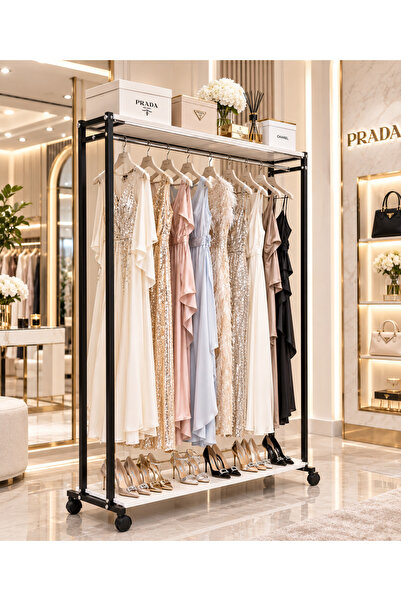 HOMEBELLA Premium 147 cm Çelik Konfeksiyon 104 cm En Elbise Askılık Tekerlekl...