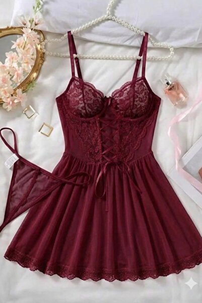 Velvet Kiss Bordo Gecelik - Tanga Hediyeli Gecelik