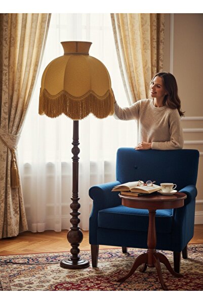 Dekovien Gold Kadife Başlık Koyu Ceviz Ahşap Ayaklı Lambader Vintage Model 17...