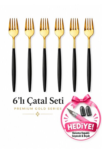 Aşkana Modern Altın Renk Paslanmaz Çelik Yemek Çatalı 6’lı Set,Mat Siyah Sapl...