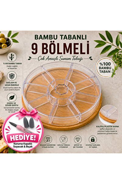 Aşkana %100 Bambu Tabanlı 9 Bölmeli Çerezlik, Atıştırmalık Sunum Tabağı- Şeff...