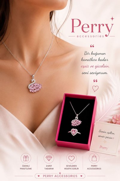 Le Manolia Accessories kararmaz çelik pembe kuğu kolye,yüzük,anahtarlık,kuvars bileklik ve gül hediye seti