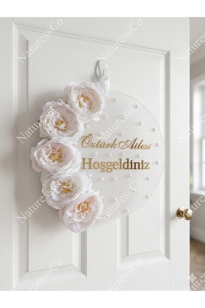 NaturessCo Beyaz Şakayıklı Beyaz Zeminli İncili Ev Dekorasyonu Kapı Süsü