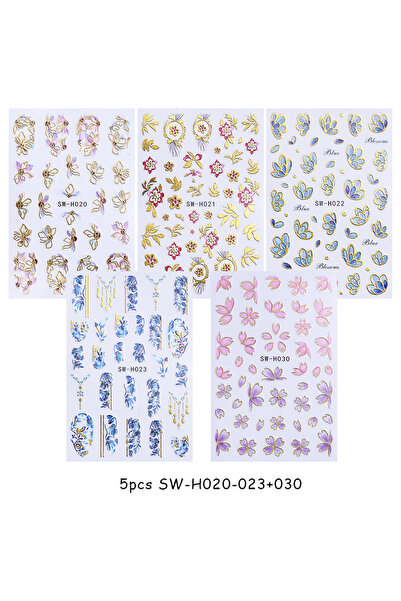 Choice SW-H020-023 030-5pcs 5pcs Metallic Gold Line Flower Nail Stickers 3D B...