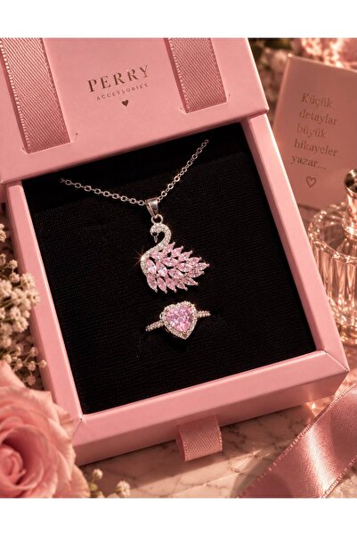 perry accessories kararmaz çelik pembe kuğu çelik set pembe kuğu kolye ve yüz...