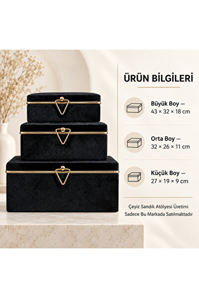 çeyiz sandık atölyesi 3 lü Ahşap Çeyiz Sandığı (Bohça Kutusu) Siyah