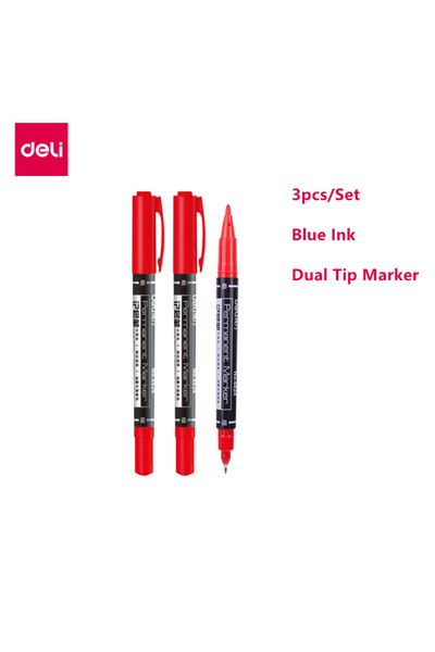 Deli 3Pcs Red Dual Tip Marker Liner Pen 3Pcs/Set Waterproof Permanent Markers...
