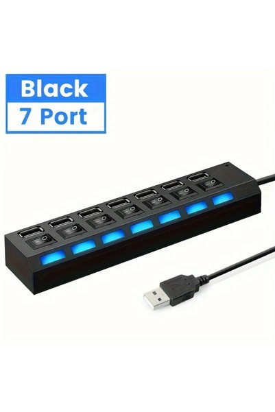 Choice1 black 7 Ports USB 2.0 Hub LED 5Gbps High Speed Multiports USB Power A...