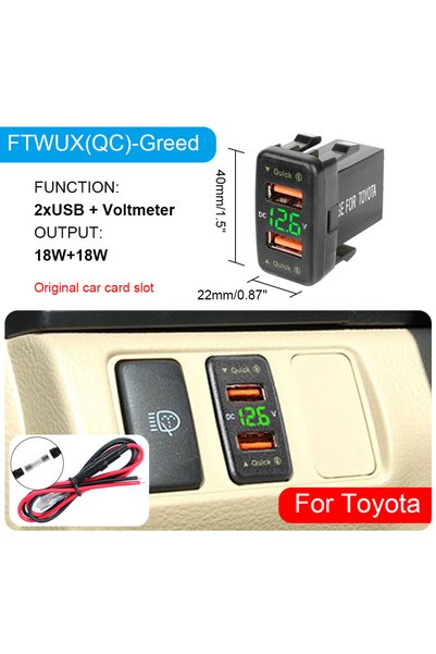 Choice4 FTWUX(QC) Green For Toyota Car USB Chargers With Fuse Power Adapter Q...