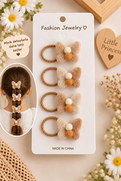 Nisankids Kız Çocuk Kahve-Krem Figürlü Lastik Toka( 2 Çift - 4 Adet )