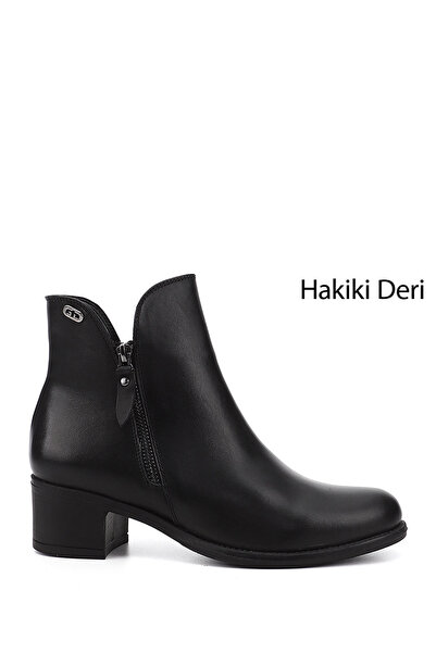 GÖNDERİ(R) Women's Black Double Zippered Thick Heeled Genuine Leather Boots