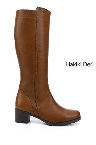 GÖNDERİ(R) Women's Tan Antique Zippered Thick Heeled Genuine Leather Boots