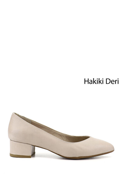 GÖNDERİ(R) Women/Girls Beige Antique Short Thick Heeled Genuine Leather Shoes