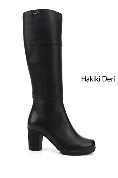 GÖNDERİ(R) Kadın Siyah Fermuarlı Kalın Topuklu Hakiki Deri Çizme