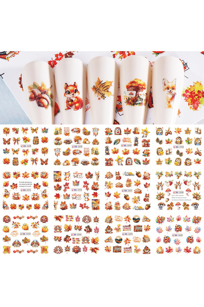Choice BN3589-3600 12 Designs Autumn Nail Stickers Cartoon Fall Maple Leaves ...