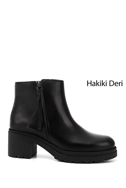 GÖNDERİ(R) Women's Black Zippered Thick Heeled Genuine Leather Boots