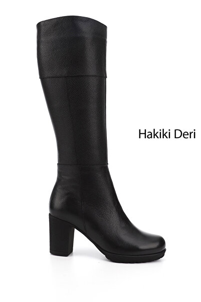 GÖNDERİ(R) Kadın Siyah Floter Fermuarlı Kalın Topuklu Hakiki Deri Çizme