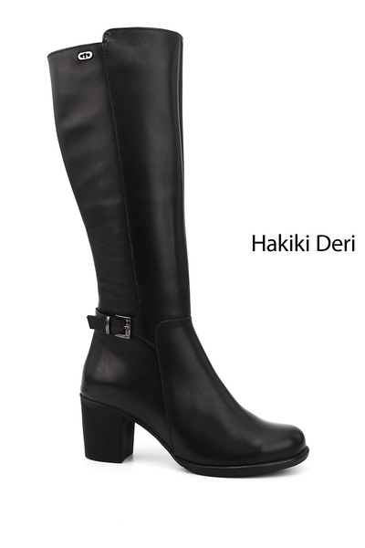 GÖNDERİ(R) Kadın Siyah Fermuarlı Kalın Topuklu Hakiki Deri Çizme