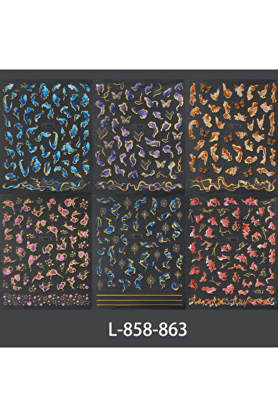 Choice L-858-863 6 pcs 3D Marble Print Nail Stickers Multi-colored Bronzing G...