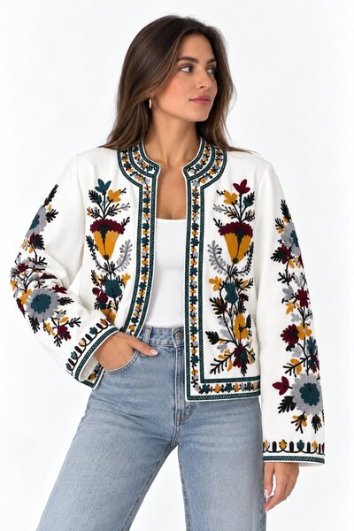 Lavix White Women's Embroidered Patterned Jacket