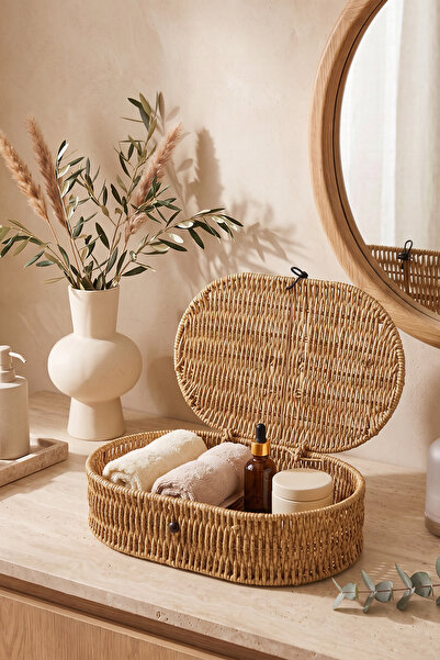 Digithome Rattan Hasır Kapaklı Çok Amaçlı Organizer Sepet Büyük