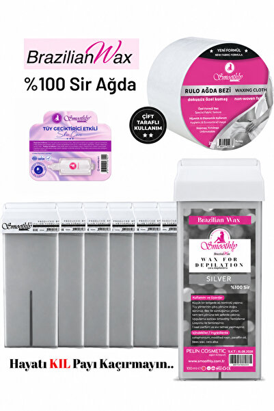 Smoothly 6 adet SİLVER Brazılıan Rool on kartuş ağda 10 mt sir ağda bezi 1 ad...