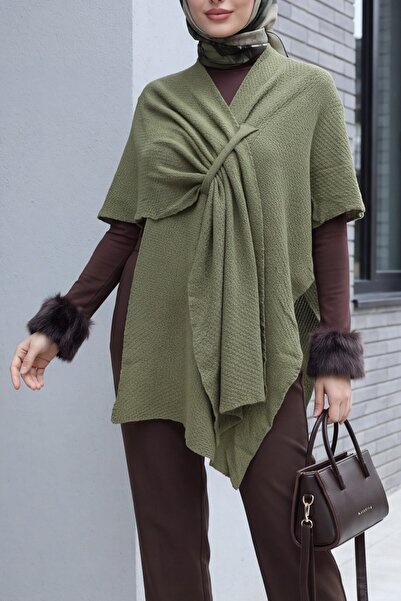 Modamorfo Casual Cut Daily Knitwear Poncho - Olive Green