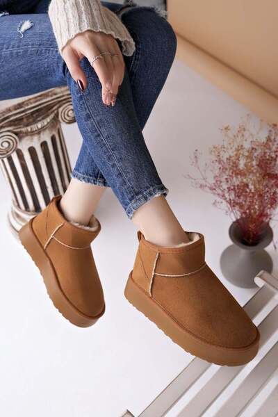 Nesil Shoes حذاء نسائي Ypr 8391 من جلد الغزال البني مع بطانة من الفرو ومقاوم ...