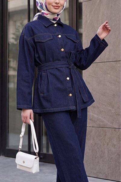 Modamorfo Women's Jacket Pants Jeans Two-Piece Set 30059 - Navy Blue