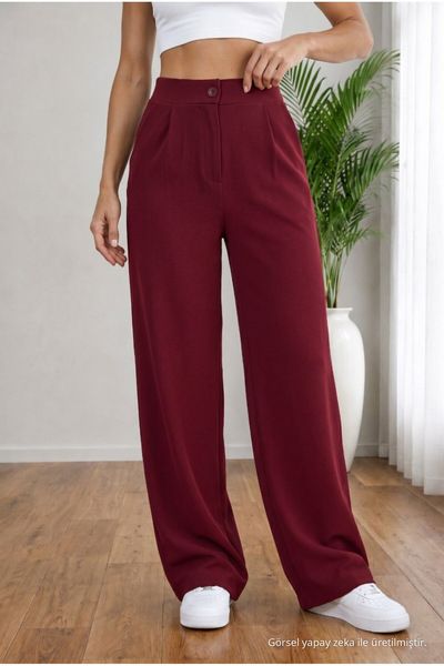 BİKELİFE Women's Burgundy High Waist Loose Fit Lycra Wide Leg Palazzo Trousers