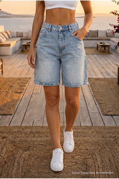 BİKELİFE Women's Vintage Effect High Waist 5-Pocket Straight Fit Shorts Jeans