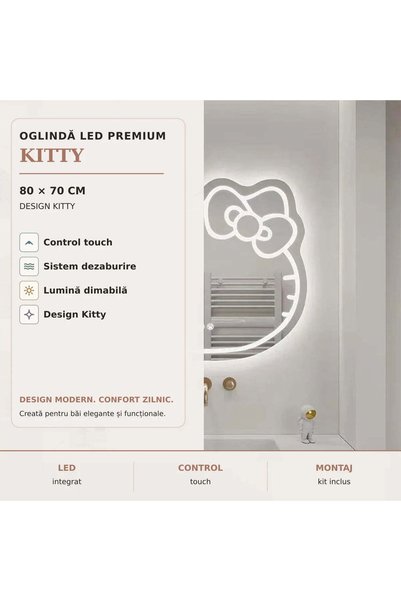 OEM Oglinda LED Kitty Pisica, 80X70, Touch, Sistem Dezaburire, Dimabila