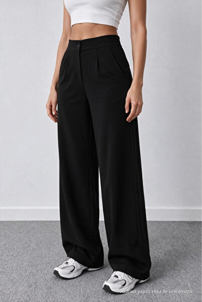BİKELİFE Women's Black Stretch Fabric Palazzo Loose Wide Leg Trousers