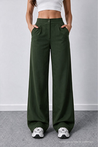 BİKELİFE Women's Khaki Lycra Palazzo Loose Wide Leg Pants