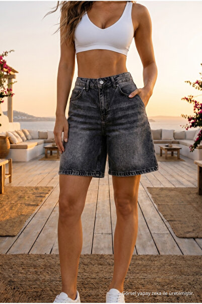 BİKELİFE Women's Vintage Effect High Waist 5-Pocket Straight Fit Shorts Jeans