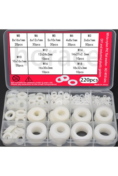 Choice 220pcs 220-piece white nylon flat washer set: sizes M2-M18, plastic ny...