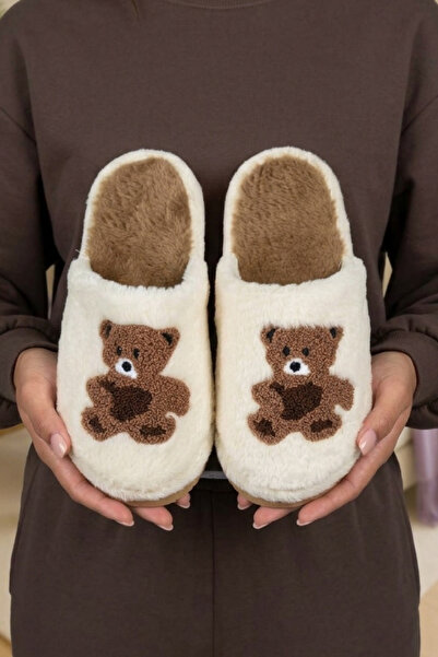 Beyond Women's Ecru Teddy Bear Embroidered Plush Furry House Slippers 3 cm By...
