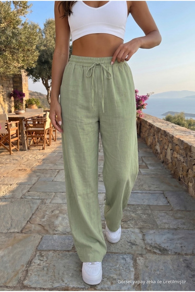 BİKELİFE Women's Linen Blend Loose-Fit Trousers with Elastic Waist