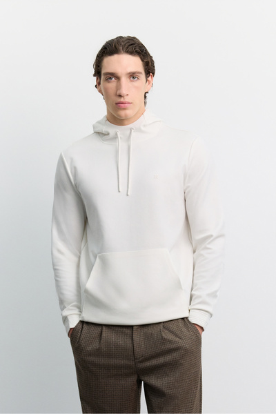 Avva Men's Ecru Hooded Collar Interlock Sweatshirt with Kangaroo Pocket B001034