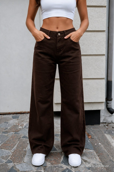 BİKELİFE Women's Brown Wide Leg High Waist Jean Trousers