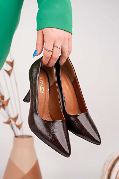 Nesil Shoes Γυναικείο στιλέτο με τακούνι Senyo K72 καφέ λουστρίνι με στάμπα