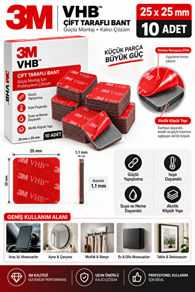 3M VHB Çift Taraflı Bant 25mm (10 Adet) - Isıya ve Suya Dayanıklı Araç, Ayna,...